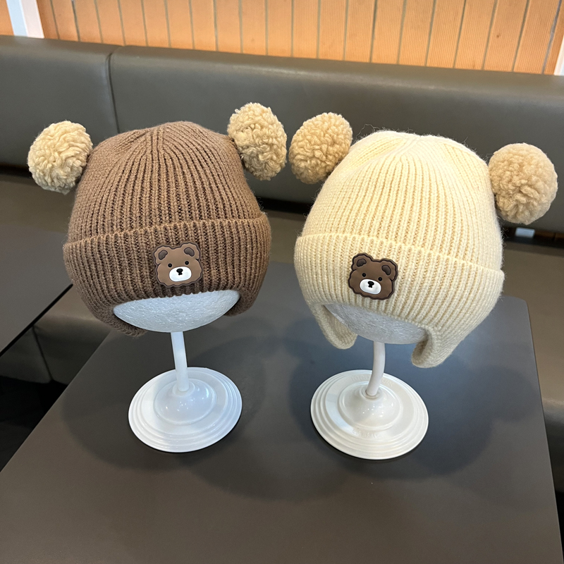 婴儿帽子宝宝小熊护耳帽外出卡通加厚针织毛线帽婴幼儿保暖秋冬季