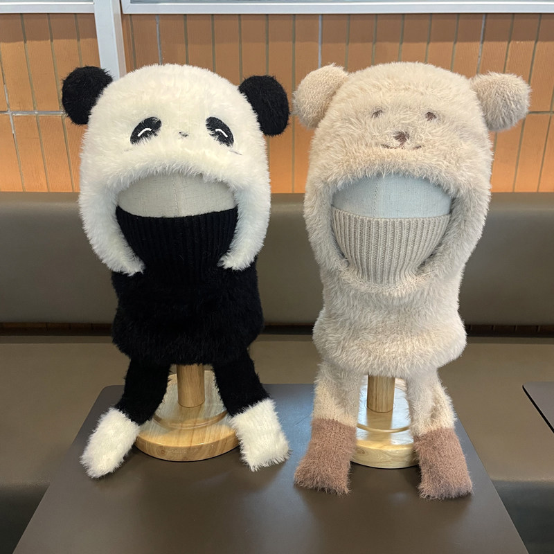 儿童毛线针织帽女童男孩秋冬围脖一体连帽宝宝护耳保暖熊猫套头帽