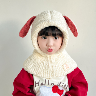 2025新款儿童帽子围巾一体小兔子耳朵女款冬季围脖女孩宝时尚洋气