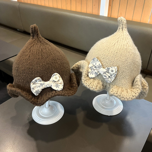 宝宝帽子碎花蝴蝶结儿童毛线帽女宝宝休闲百搭婴儿渔夫帽秋冬季
