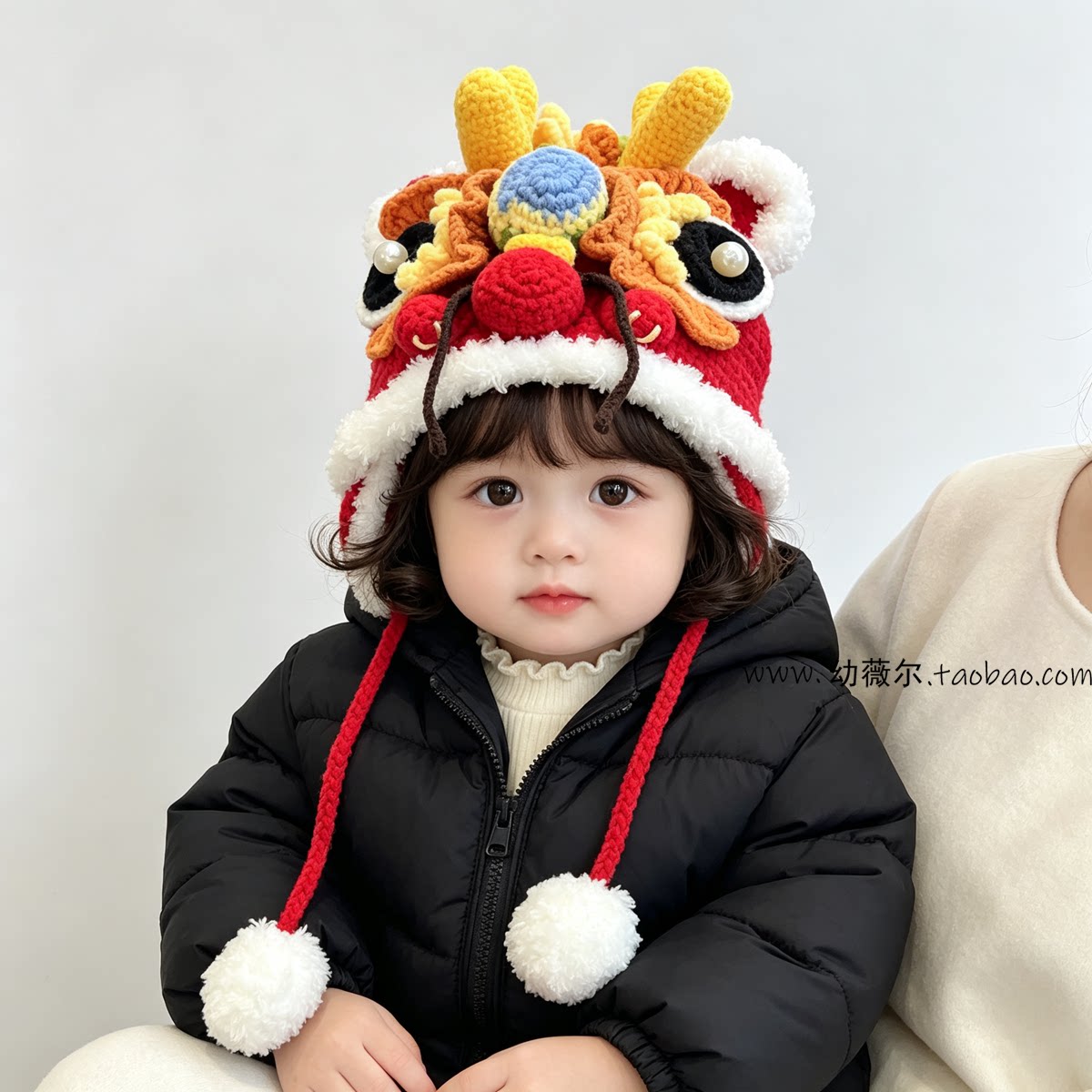 儿童帽子手工虎头帽亲子保暖毛线帽醒狮帽男女童新年狮子针织帽冬