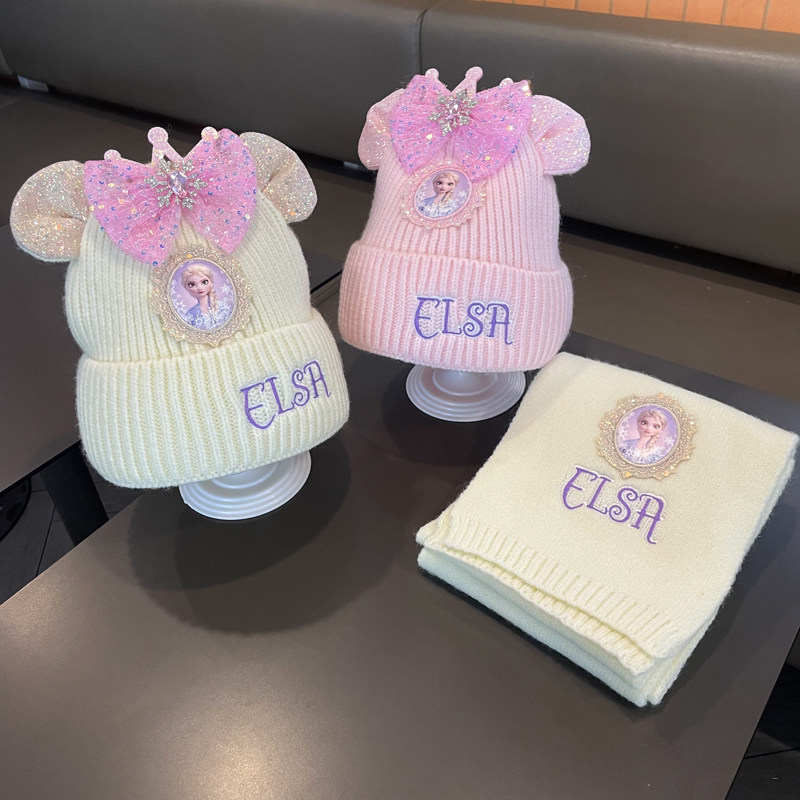 2025新款儿童帽子围脖套装冬保暖艾莎公主女童卡通针织毛线套头帽