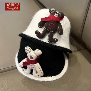 新款儿童帽子男童洋气可爱加厚针织毛线帽女童大熊保暖渔夫帽潮款