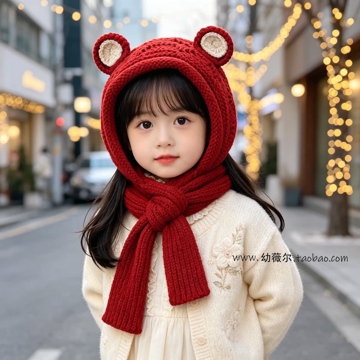 儿童针织护耳帽子围巾一体保暖宝宝毛线帽小熊耳朵围脖帽秋冬季潮