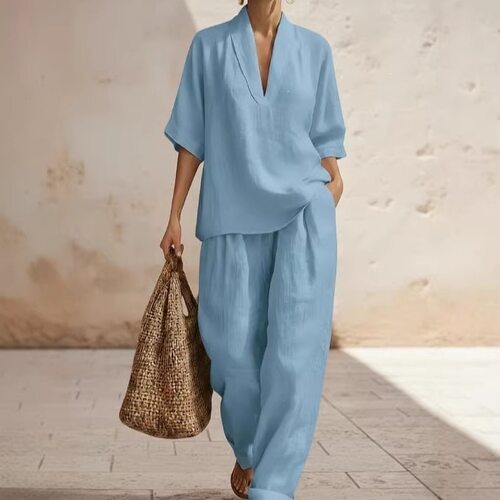 2026春夏季欧美跨境亚马逊新款女士纯色休闲舒适极简亚麻两件套