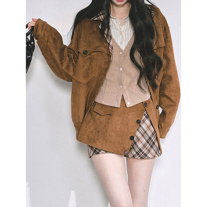 外套+拼接格纹裙裤高级感两件套