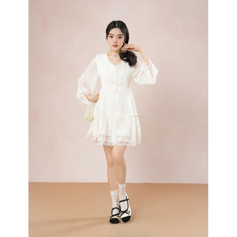 日系古着vintage蕾丝木耳花边七分袖连衣裙早秋小个子气质感短裙