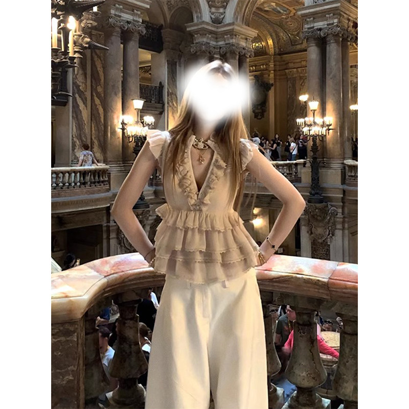 重工设计感V领荷叶蕾丝花边雪纺上衣+宽松工装休闲显瘦长裙套装女