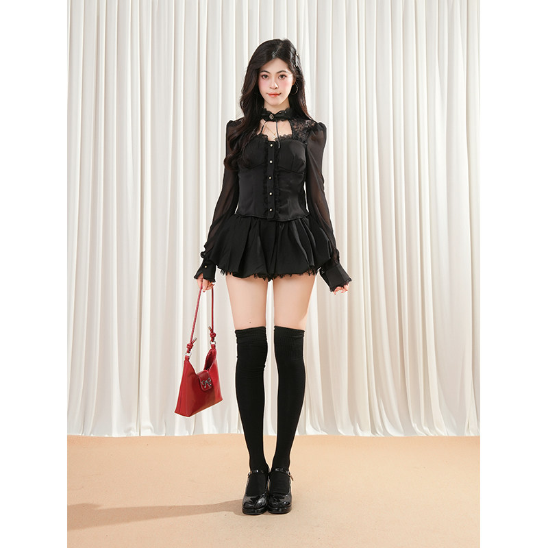 法式时尚洋气轻熟风套装女秋季新款蕾丝花边上衣黑色半身裙两件套