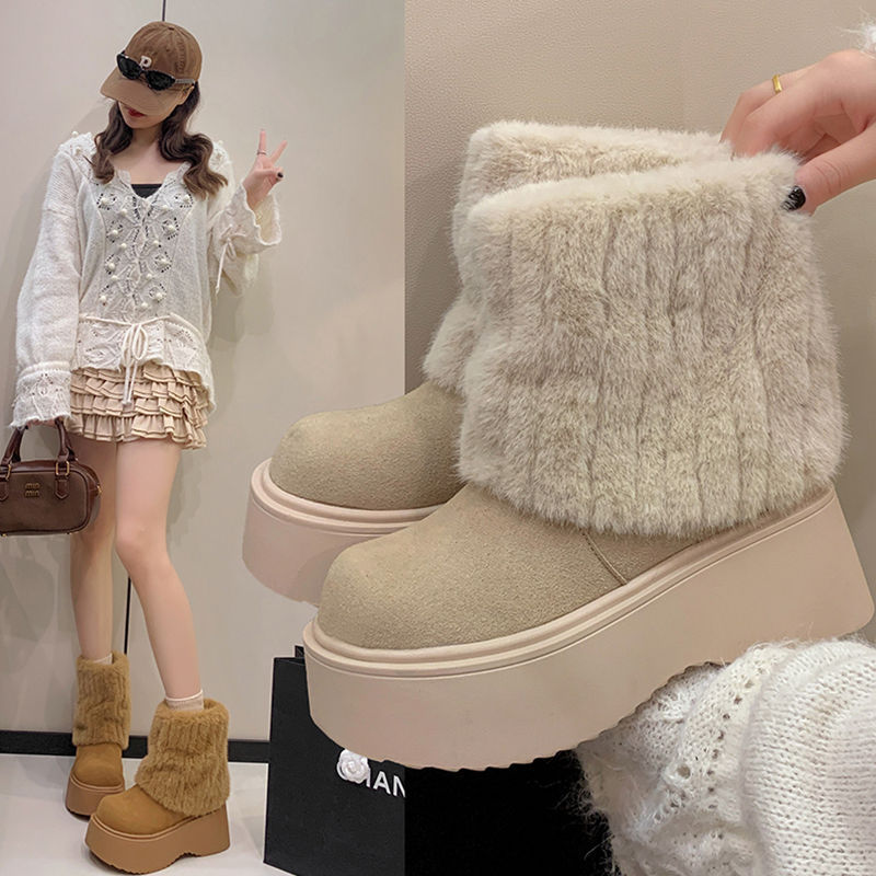松糕厚底增高毛毛雪地靴女款2025