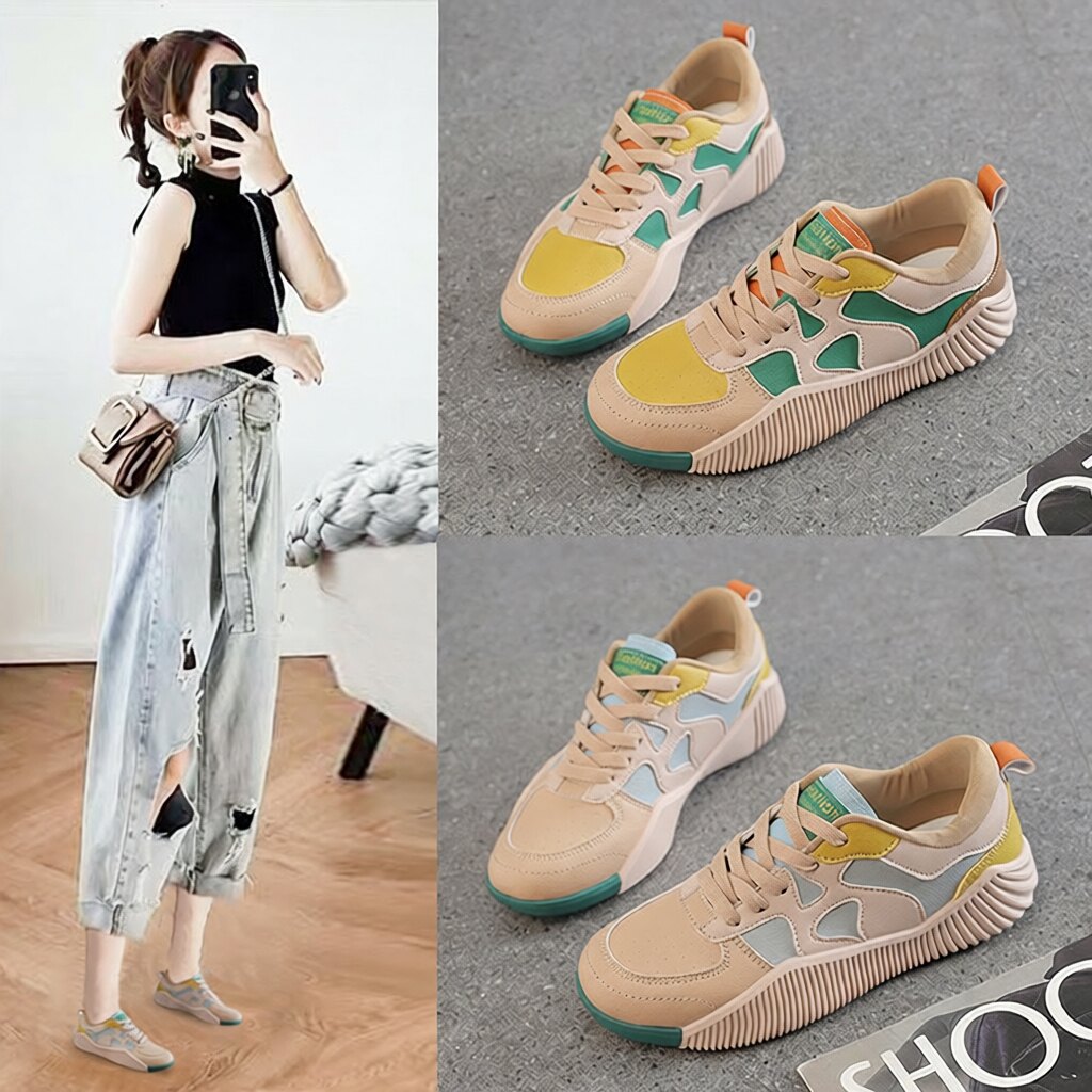 皮面女板鞋春秋季新款百搭厚底软底板鞋拼接个性爆款运动休闲鞋