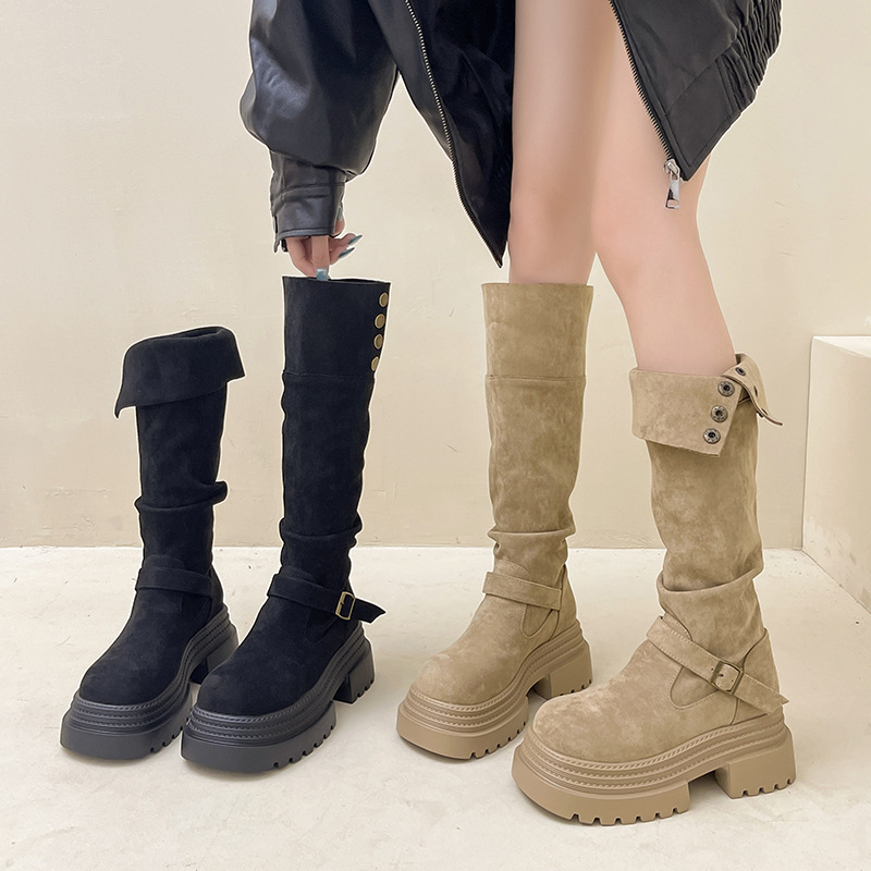 复古英伦风粗跟长筒女靴