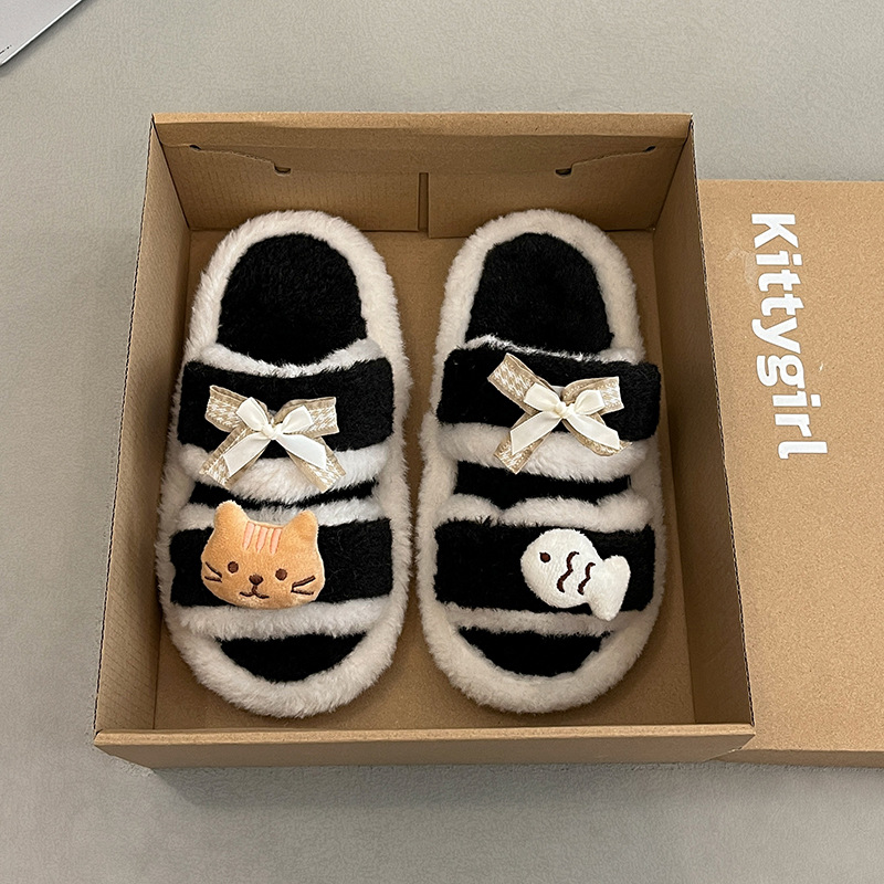 时尚拼色猫咪毛毛拖鞋女秋冬