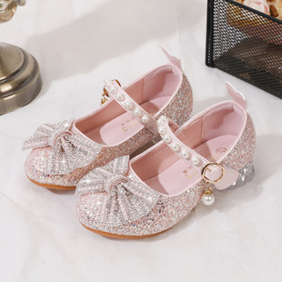 新款女童高跟鞋水晶配礼服小皮鞋女宝软底表演鞋儿童蝴蝶结公主鞋