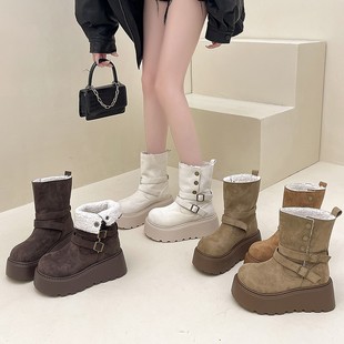 韩版 芒果头两穿翻毛口马丁靴子女秋冬设计感厚底增高中筒雪地靴棉