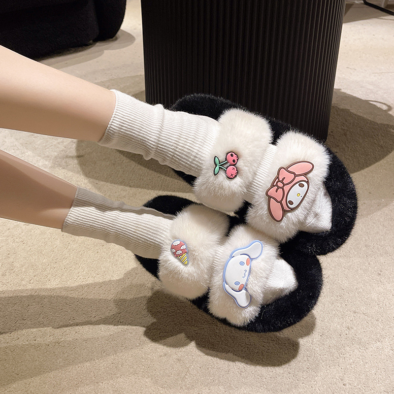 甜美可爱玉桂狗一字毛毛拖女外穿2025秋冬新款软底居家保暖棉拖鞋