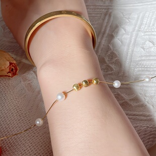 天然淡水强光圆珠闺蜜款手链女款古法纯银珠微笑手串可调节满天星