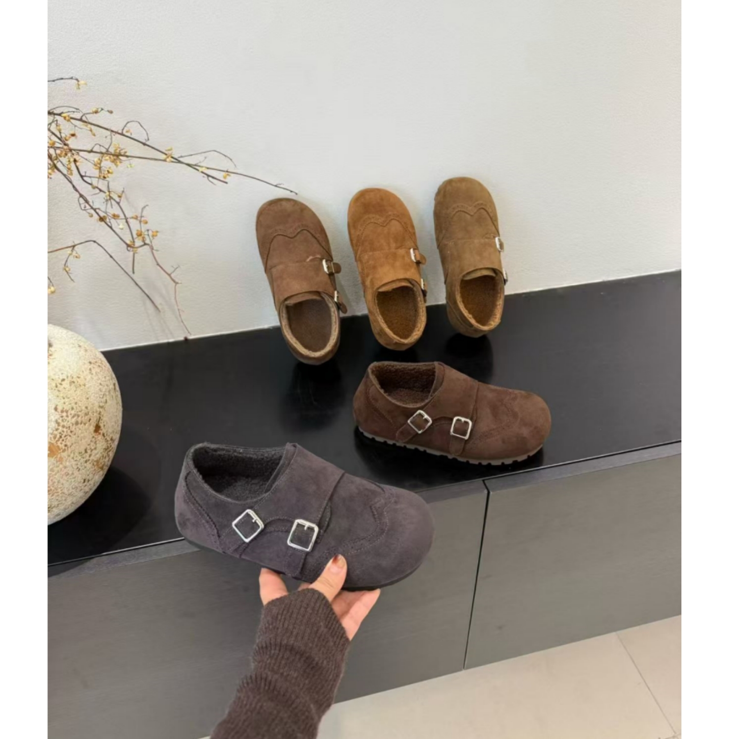 勃肯鞋女灰色圆头软底舒适一脚蹬