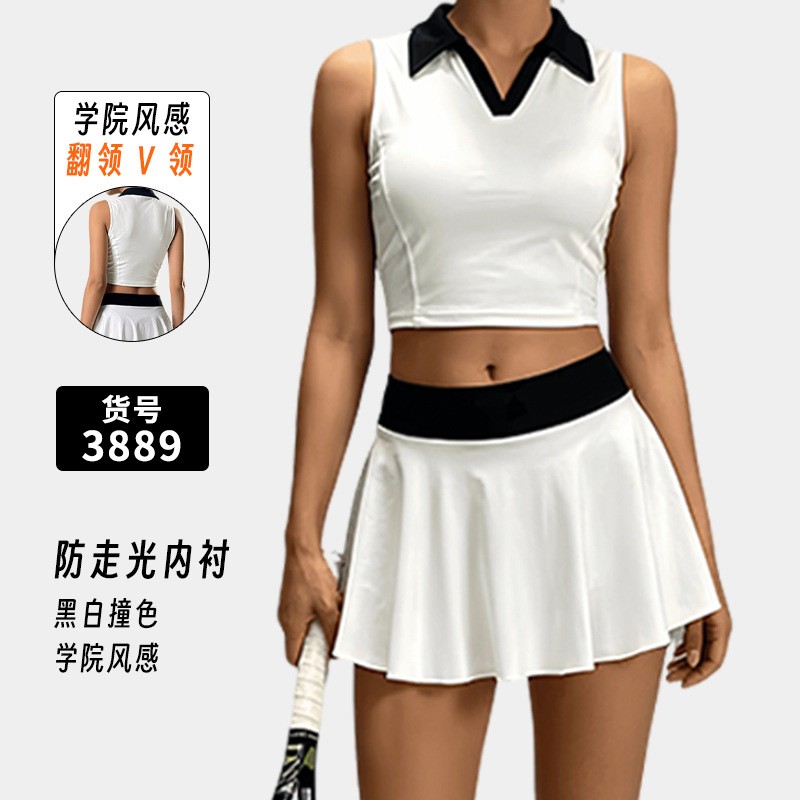 黑白撞色翻领网球裙套装女速干