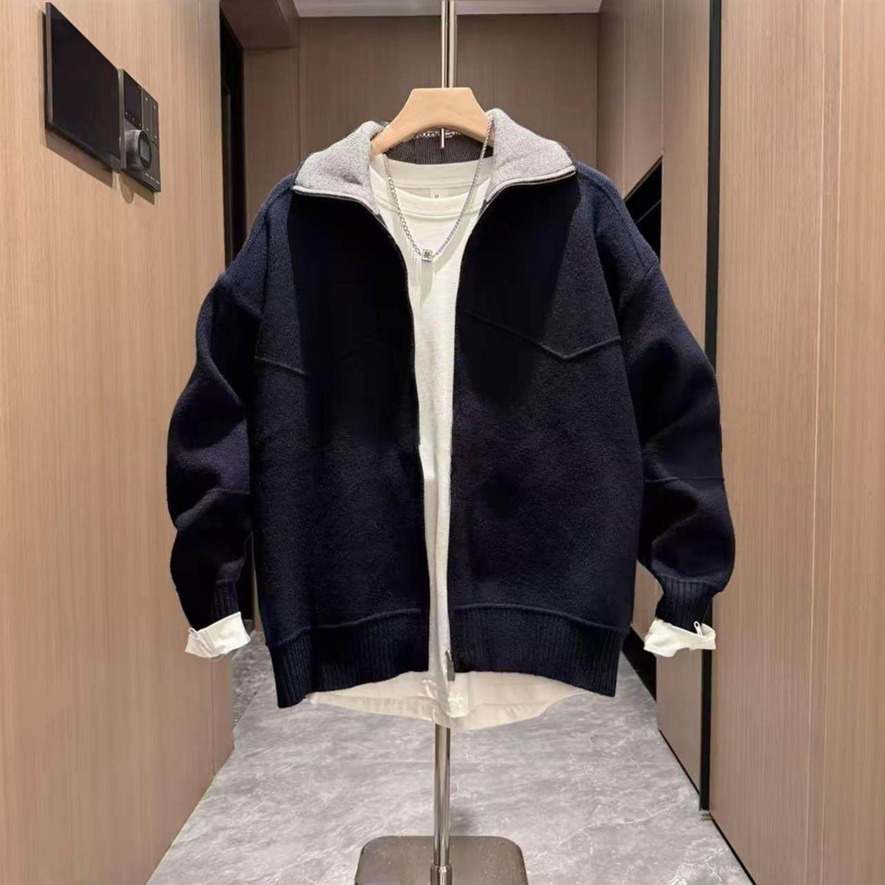 春秋季新款潮牌拼色翻领针织毛衣男士痞帅时尚高级感休闲开衫外套