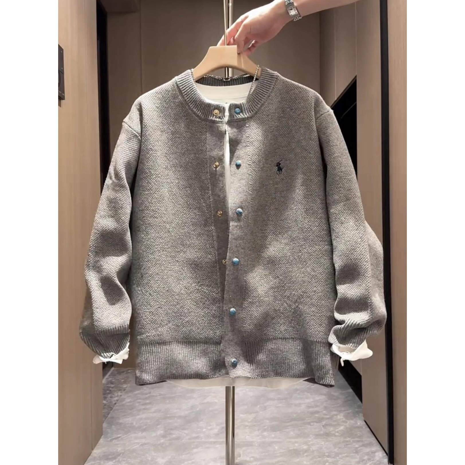 秋季新款极简风纯色圆领针织开衫外套男休闲百搭痞帅复古夹克上衣