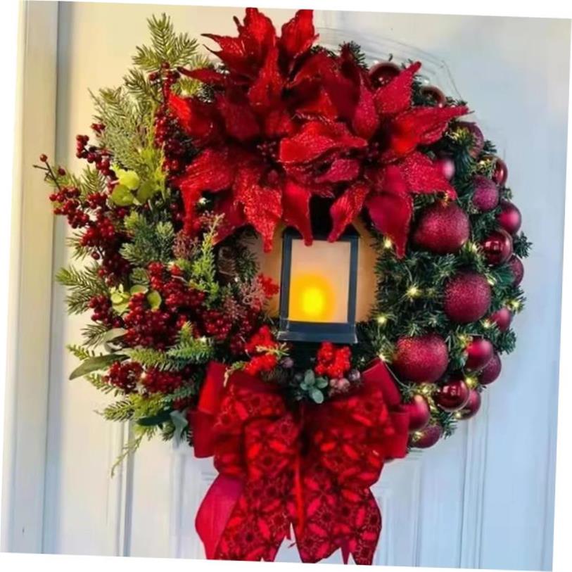Christmas Wreath with Lamp Bow Ball Big Red Flower Navidad 1