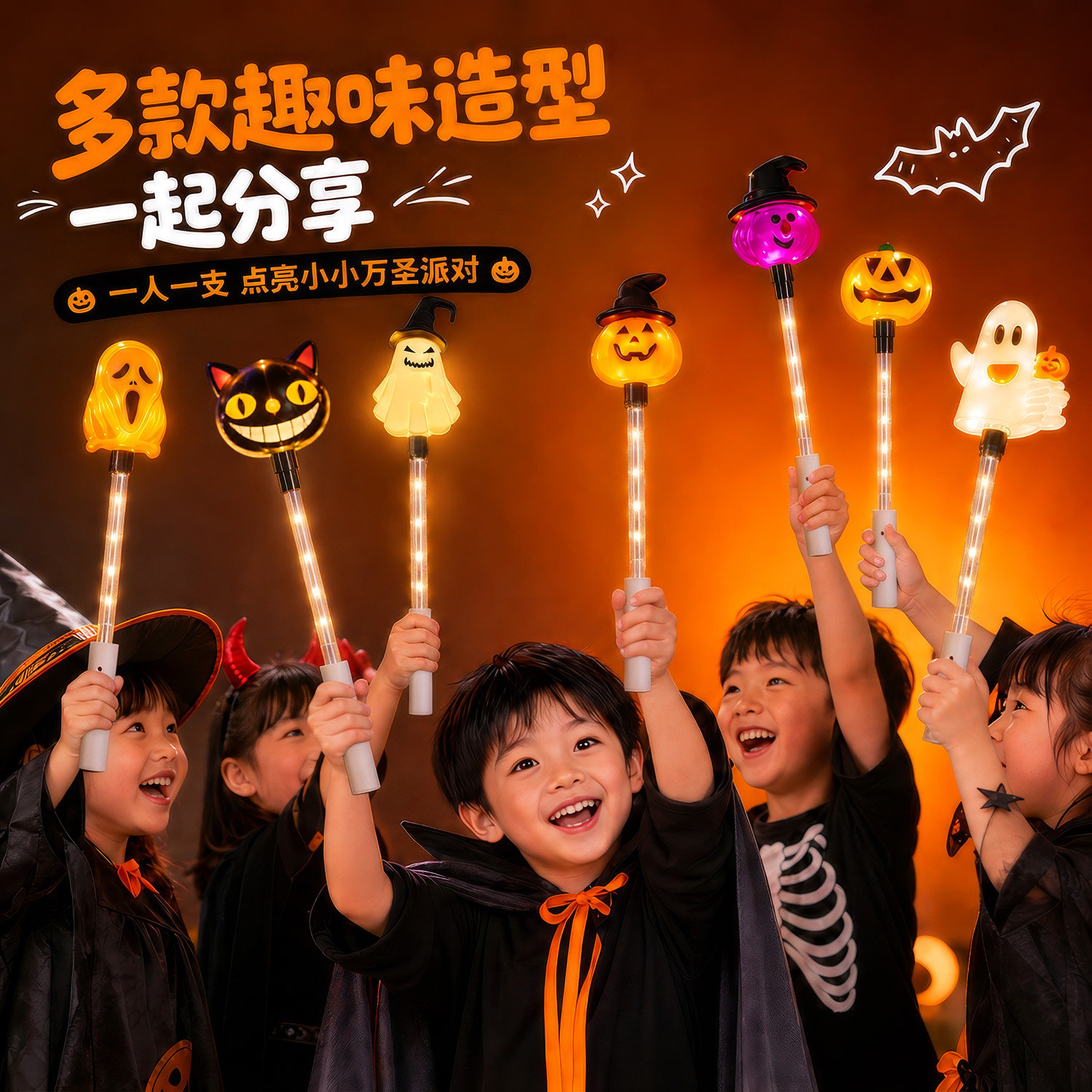 万圣节装饰手持魔法棒发光南瓜灯手摇棒节日派对舞会氛围幽灵道具
