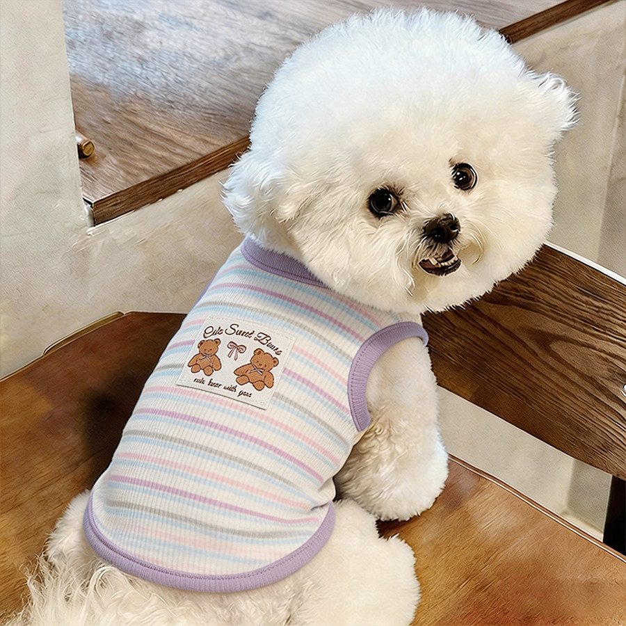 狗狗夏天薄款衣服春季小型犬春夏比熊户外三色条纹两脚背心高颜值图片