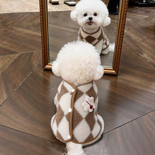 狗狗衣服博美冬装小型犬比熊秋冬小狗高颜值保暖加绒菱形格小背心