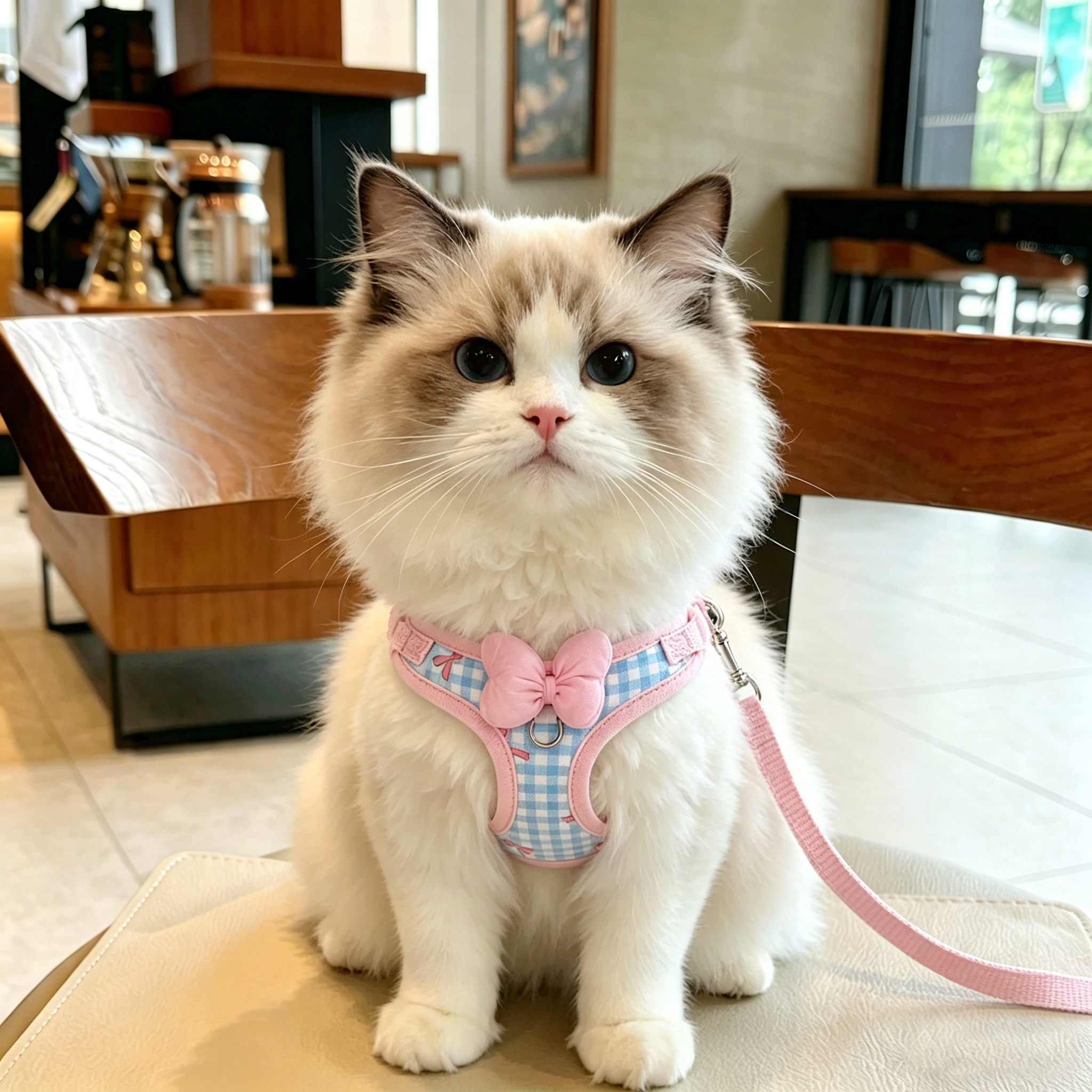 猫咪牵引绳防挣脱遛猫绳子外出幼猫布偶猫户外宠物用品蝴蝶结方格