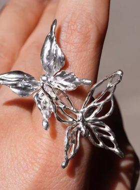 法式时髦双生蝴蝶戒指开口食指戒