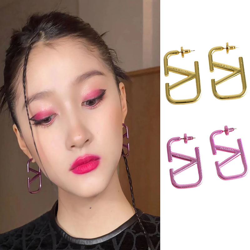 欧美金属V字母耳钉女枚红色耳环