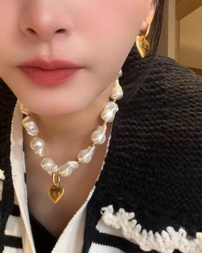 法式巴洛克珍珠爱心吊坠项链女叶莎陈太太同款B家字母桃心锁骨链