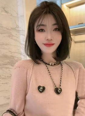 小香风黑色爱心皮质项链毛衣链