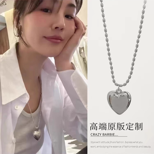 钛钢银色立体桃心爱心项链毛衣链