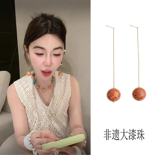 新中式彩色圆球大漆珠圆珠耳环女