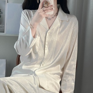 衬衫 桑蚕丝家居服套装 真丝睡衣女春秋季 白色丝绸长裤 宽松大码 长袖