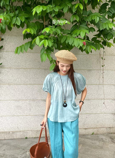 Nora夏季 宽松插肩袖 衬衣女湖蓝色亚麻裤 文艺森女系百褶苎麻衬衫