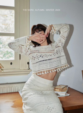 现货NORA STUDIO 春秋镂空流苏针织上衣+半身裙套装