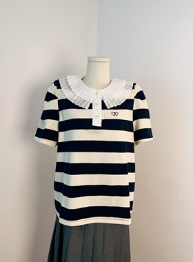one&two黑色条纹堆堆领短袖T恤春夏