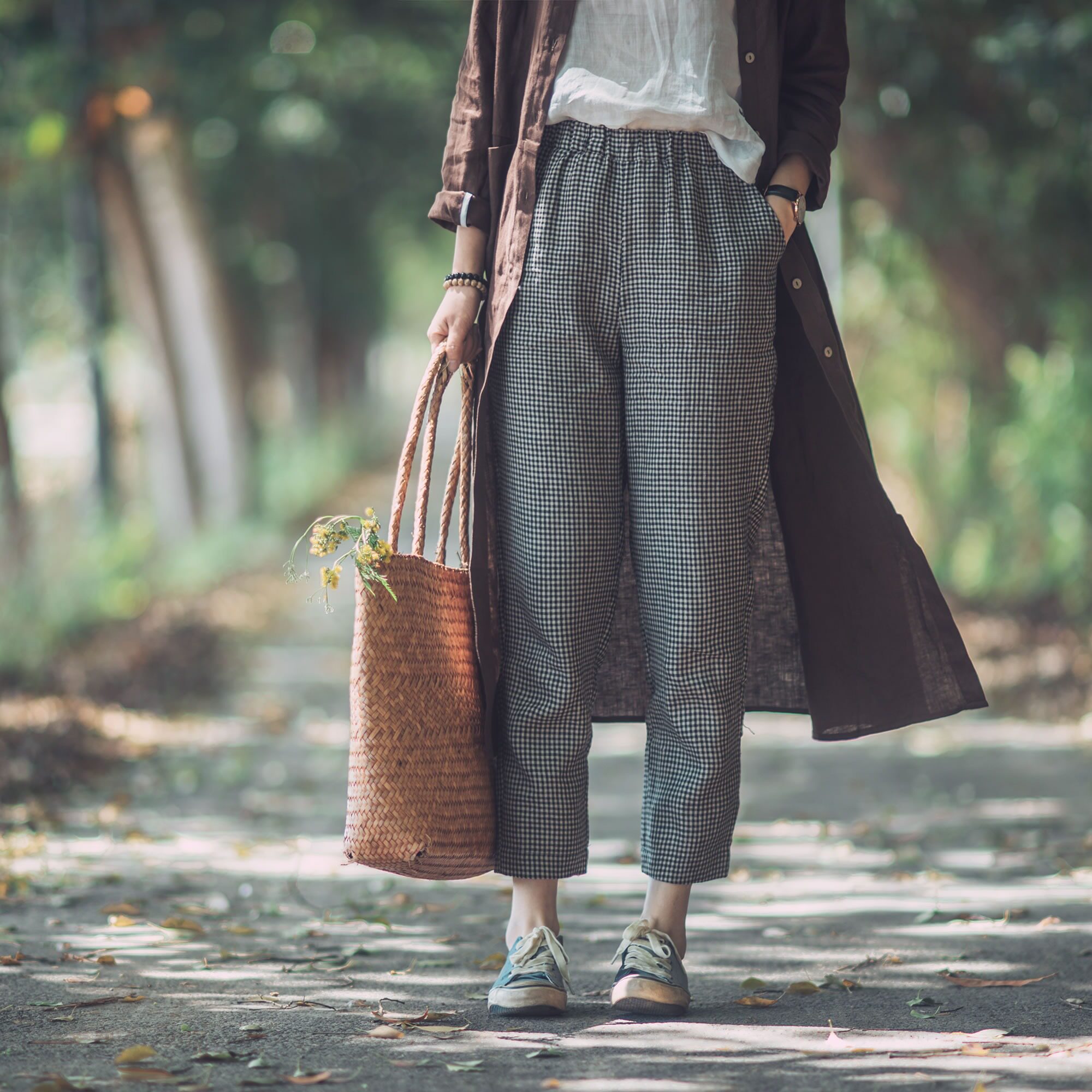 春夏新款 色织亚麻 细格子休闲裤 百搭文艺小脚裤 七分裤