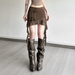 KLIOU 复古美拉德棕荷叶边飘带高腰半身裙女显瘦百搭辣妹包臀短裙