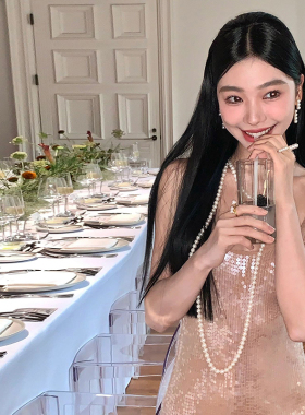 KLIOU 易梦玲同款气质高级感亮片吊带连衣裙女修身显瘦礼服裙长裙