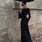 赫本风设计感黑色镂空露背连衣裙显瘦修身 KLIOU 法式 包臀拖地长裙