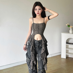 KLIOU 破败叛逆废土风手工磨破吊带背心女荷叶边拼接显瘦别致上衣