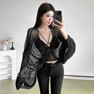 KLIOU 朦胧透肤美学穿搭黑色网纱长袖T恤女宽松显瘦遮肉百搭上衣