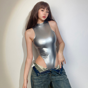 背心女修身 KLIOU 欧美ins性感辣妹个性 银色无袖 潮 显瘦打底连体衣