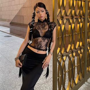 KLIOU 暗黑系辣妹风性感透视蕾丝短袖T恤内搭吊带小背心两件套潮