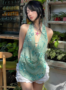 KLIOU 森系梦幻少女风亮片装饰荡领挂脖背心女不规则显瘦露背上衣