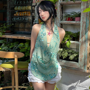KLIOU 森系梦幻少女风亮片装饰荡领挂脖背心女不规则显瘦露背上衣